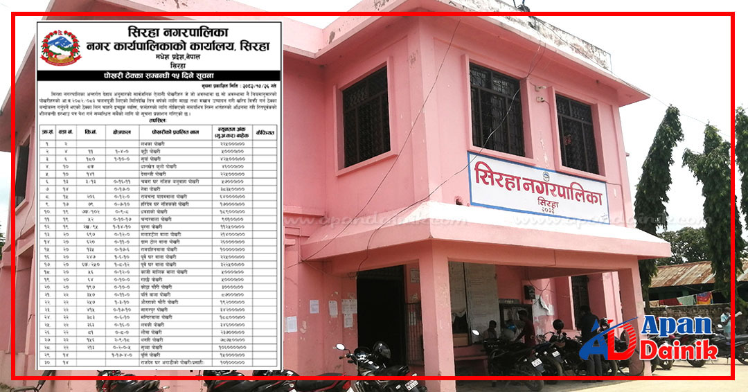 सिरहा नगरपालिका: पोखरी ठेक्का सम्बन्धी १५ दिने सूचना (२०८२ माघ २६ गते साेमबार)